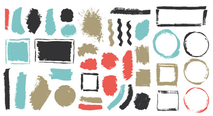 Ink dye daub vector set. Freehand border box trendy elements. Spill spot textured label background pack. Brushstroke oil blots drawing.