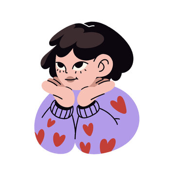 simple modern doodle illustration sticker of a smiling cute asian girl with black hair in a purple sweater with red heart print, valentine's day celebration, falling in love, transparent background