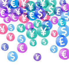 Fototapeta premium Euro dollar pound yen circle icons scatter currency vector illustration. Sale concept. Currency