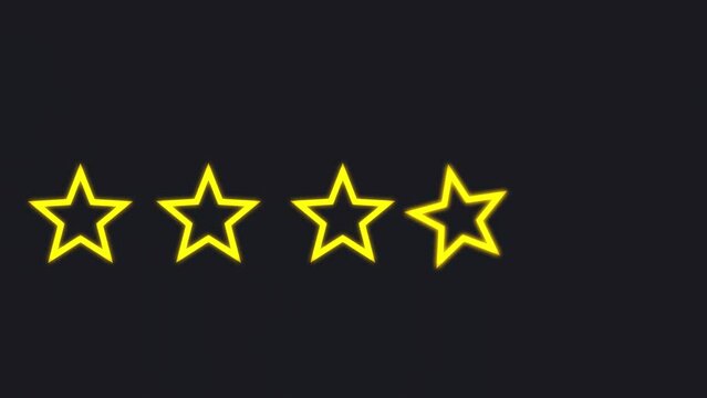 4k video of Five glowing golden rating stars stylish appearance on chroma key and dark background. Customers loyality, positive impression, good brand concept