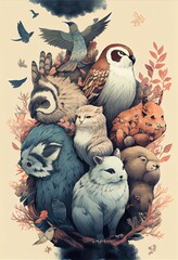 A group of animals that are on top of each other. AI generated art illustration.