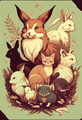 A group of animals that are on top of each other. AI generated art illustration.