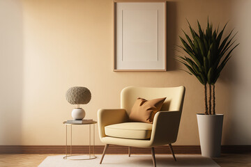 Warm toned interior wall mockup of a living room with a chair against a background of a cream colored wall. Generative AI