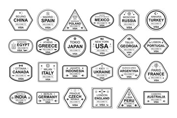 Obraz premium Set of Travel Visa Stamps. International and immigration office stamps. Arrival and departure visa stamps