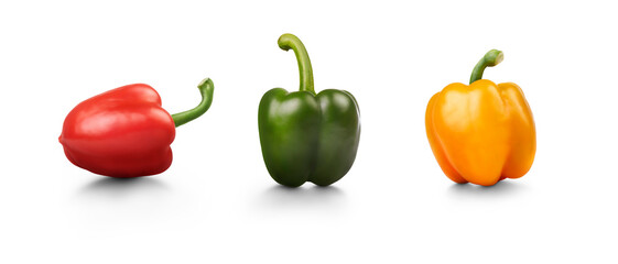 A collection of fresh healthy red, green and yellow sweet pepper vegetables isolated against a transparent background.