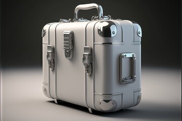  a white suitcase with a handle and two handles on it, sitting on a gray surface with a black background, with a black background and white background with a gray shadow, and a., generative ai