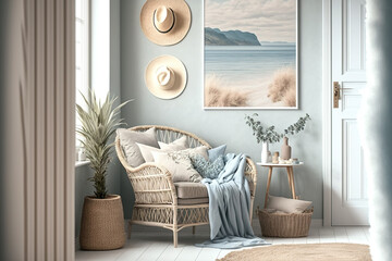 Coastal style room in light pastel hues with rattan furniture, mock up frame in interior background. Generative AI - obrazy, fototapety, plakaty