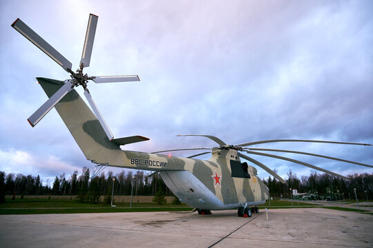 Kubinka, Moscow region, Russia - November 13, 2022: Russian heavy transport helicopter Mi-26 rear view. Museum of Military Equipment in Patriot Park