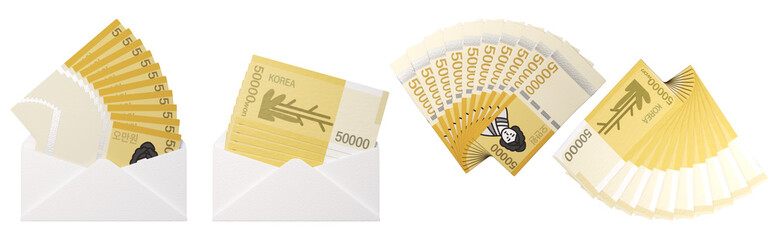 A 3d illustration set depicting a bundle of 50,000 won Korean bills in an envelope.