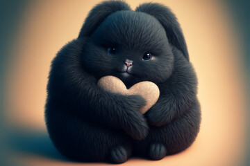 Cute fluffy black rabbit hugging red heart. Valentine's Day greetings from romantic bunny holding heart. Generative AI.