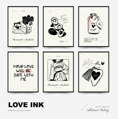 Modern Valentine's day vertical flyer or poster template set. Love hand drawn trendy illustration.