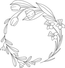 Fototapeta na wymiar Wreath of spring flowers line art Contemporary floral design