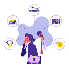 Man and woman with money in piggy bank, our dreams on the background. Bank, budget, finance, money savings concept