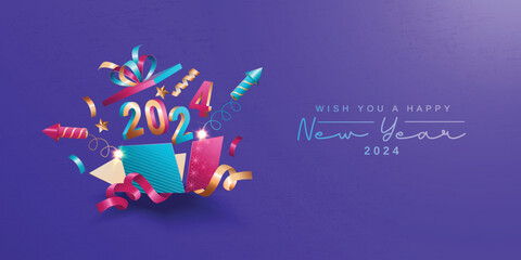 Happy new year 2024. New year celebration with fireworks rocket launch from open gift box and 3D number - obrazy, fototapety, plakaty
