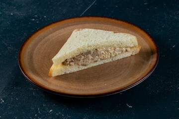 Fresh club sandwich filled with chicken and mayo dip isolated on table top view of indian food