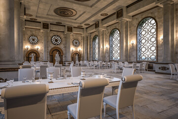3D rendering of the hall in a classic style. Classic interior. Hall with columns and sculptures
