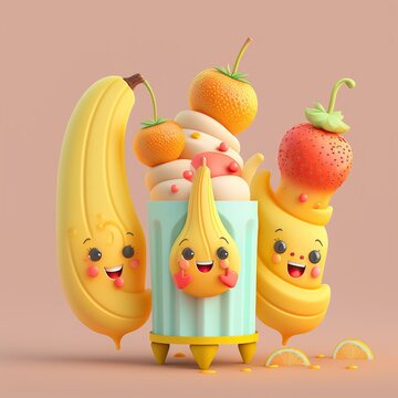 illustration, of characters cartoon, fruit and citrus ice cream, image generated by AI