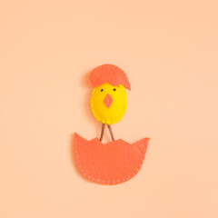 DIY Easter chicken in an eggshell. Beige background, concept. Isolate.