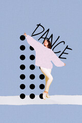 Creative trend collage of dancing attractive young lady cheerful good mood energetic celebrate...