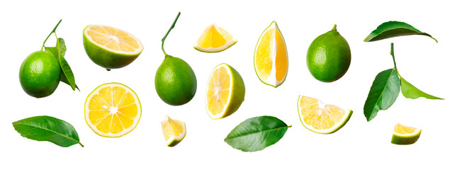 Ripe whole green lemons with leaves and pieces with yellow flesh isolated on white background. Cut out lemon, lime for advertising, packaging, design, mock-up. Set of citrus fruits
