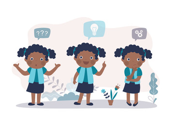 Stages of solving problem, searching for an idea, inspiration. Confident african american girl with different emotions. Smart schoolgirl is trying to find solution to problem.