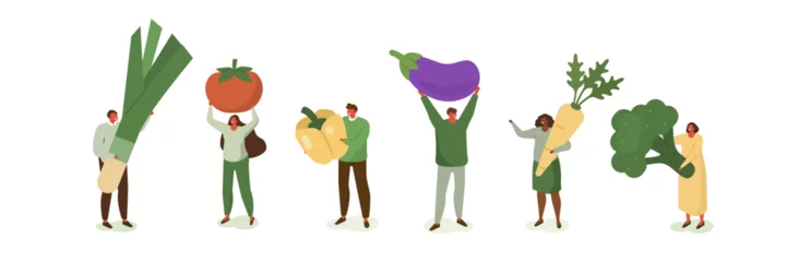 Gardinen Casual people illustration set. Characters carrying carrot, broccoli, onion and other fresh organic vegetables. Vegetarian eating healthy food. Balanced vegan diet concept. Vector illustration. © Irina Strelnikova