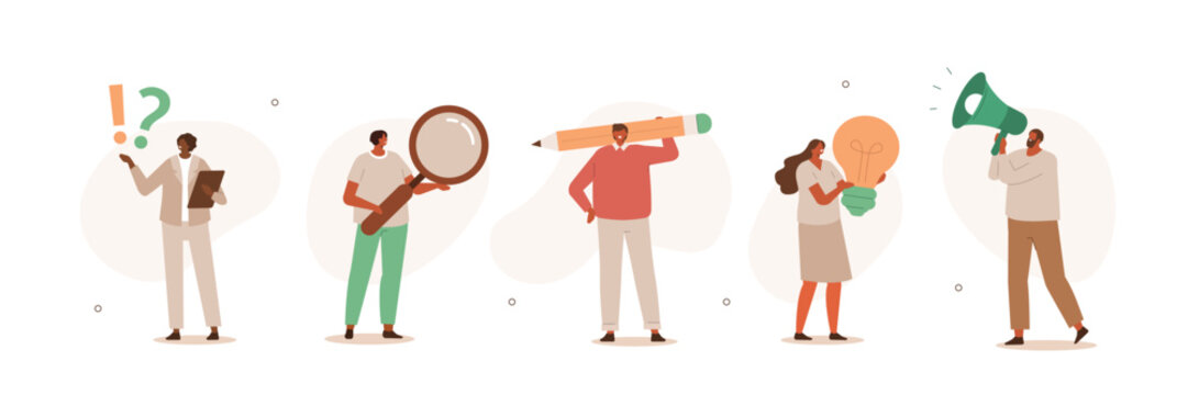 Casual people illustration set. Characters holding huge megaphone, pencil, light bulb and other objects symbolizing business ideas and activities. Marketing, Seo and FAQ concept. Vector illustration.