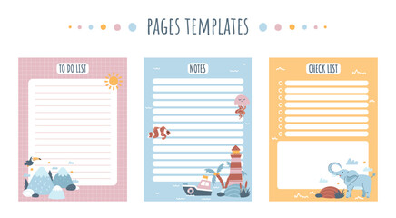 Kids notebook pages templates set. Motivation and time management, organization of effective workflow. To do list and checklist. Cartoon flat vector illustrations isolated on white background