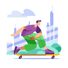 A man in bright clothes quickly rides a skateboard against the background of the city. Vector illustration in a flat style.