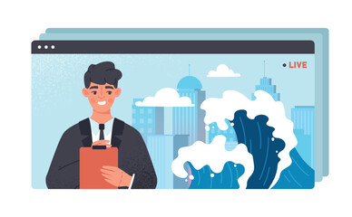 Fototapeta na wymiar TV news studio concept. Man with notepad on background of flood. Information and knowledge. Catastrophe and natural disaster in city. Big waves and skyscrapers. Cartoon flat vector illustration