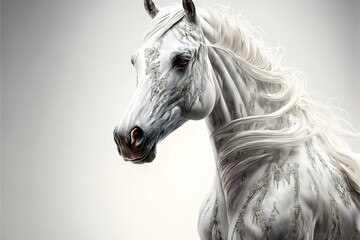 A white fantasy horse with a strange coloration on a white background with copyspace. Generated by ai.