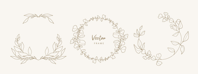 Hand drawn floral frame with branches and leaves in line art style. Wreath. Elegant logo template. Vector illustration for labels, branding business identity, wedding invitation