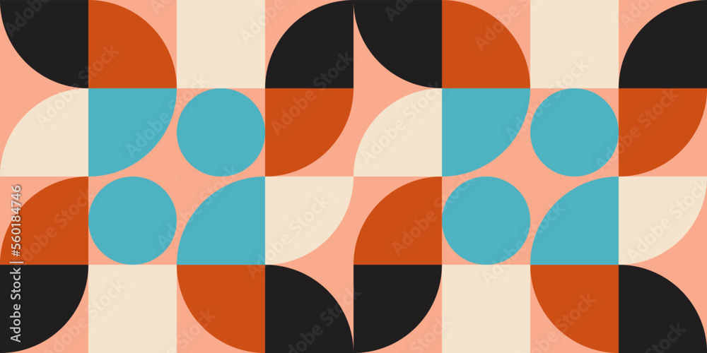 Poster Modern vector abstract  geometric background with circles, rectangles and squares  in retro scandinavian style. Pastel colored simple shapes graphic pattern. Abstract mosaic artwork.