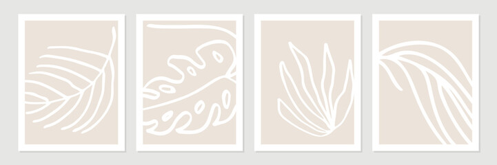 Set of abstract tropical organic shapes, leaves, lines and textures in white on neutral nude and beige background. - 560184754