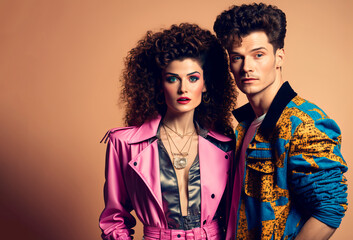 1980s vintage fashion portrait. Man and woman group with retro 80's style. Generative ai - obrazy, fototapety, plakaty