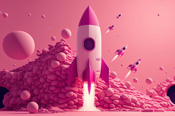Spaceship symbol, rocket launch, and startup company idea on a pink backdrop. Generative AI