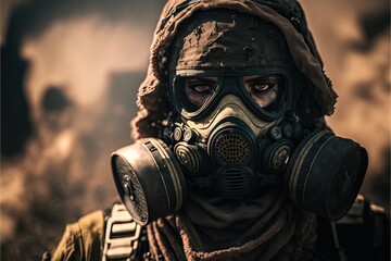 soldier wearing gasmask in a war zone. Generative AI