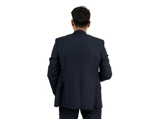 Close up photo of young business man photo from back on isolated white background.