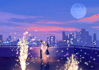 lofi couple at rooftop to celebrate their romantic moment wallpaper 