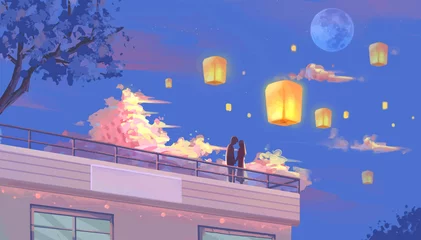 Fototapeten Lila couple in the rooftop celebrating their marriage day by lantern digital paint  © Diganime
