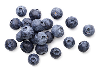 Blueberries scattered on a white background. Top view