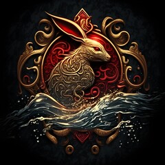 Water rabbit shiny emblem, chinese lunar new year 2023, red gold concept, Generative AI