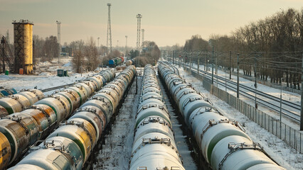 RIGA, LATVIA-December 25, 2022: a large number of railway tank cars at the railway station