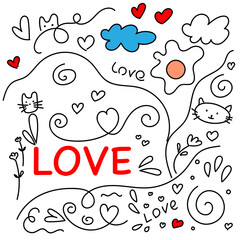 cute doodle with clouds and cats, love