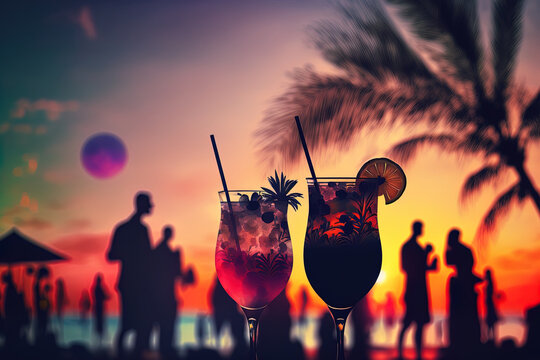 Two cocktails are shown with blurry beach party guests and a gorgeous sky at sunset. Luxury outdoor leisure, soothing and beautiful hues, and hazy partygoers on a summer night. Generative AI