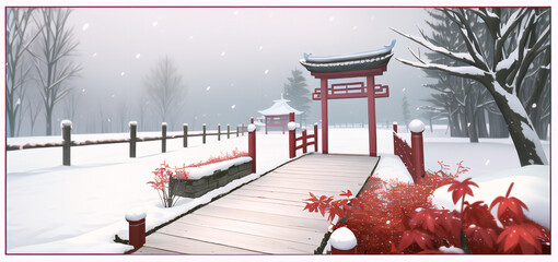 Drawing of Chinese red wooden gates in winter. The culture of Asia.