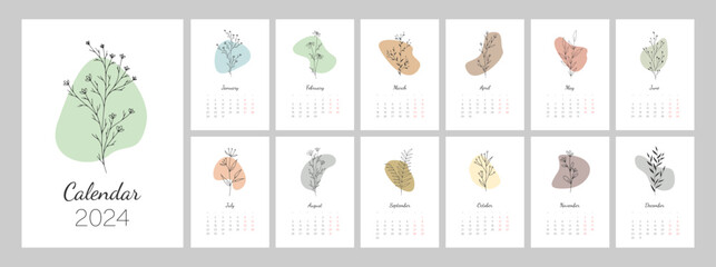 Calendar template for 2024. Vertical design with botanical line art. Natural colors. Editable illustration page template A4, A3, set of 12 months with cover. Vector mesh. Week starts on Monday.