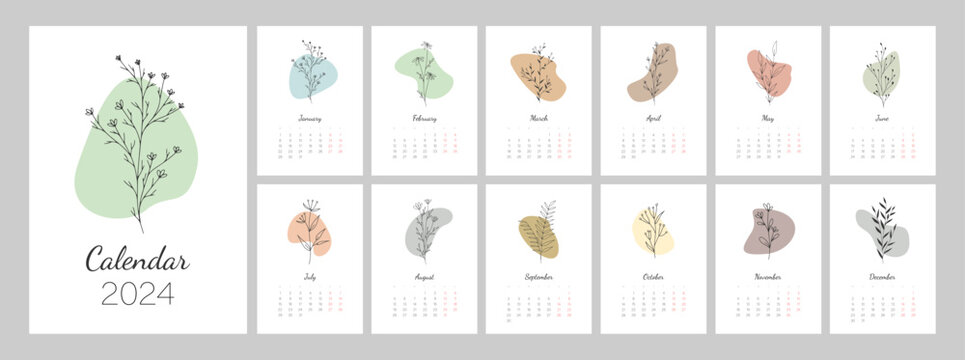 Calendar template for 2024. Vertical design with botanical line art. Natural colors. Editable illustration page template A4, A3, set of 12 months with cover. Vector mesh. Week starts on Monday.