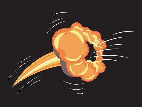 Bomb explosion effect with fire cloud and burning motion trail. Vector illustration in comic cartoon design