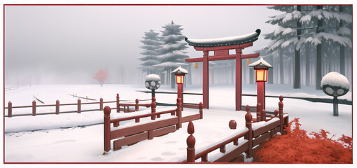Drawing of Chinese red wooden gates in winter. The culture of Asia.